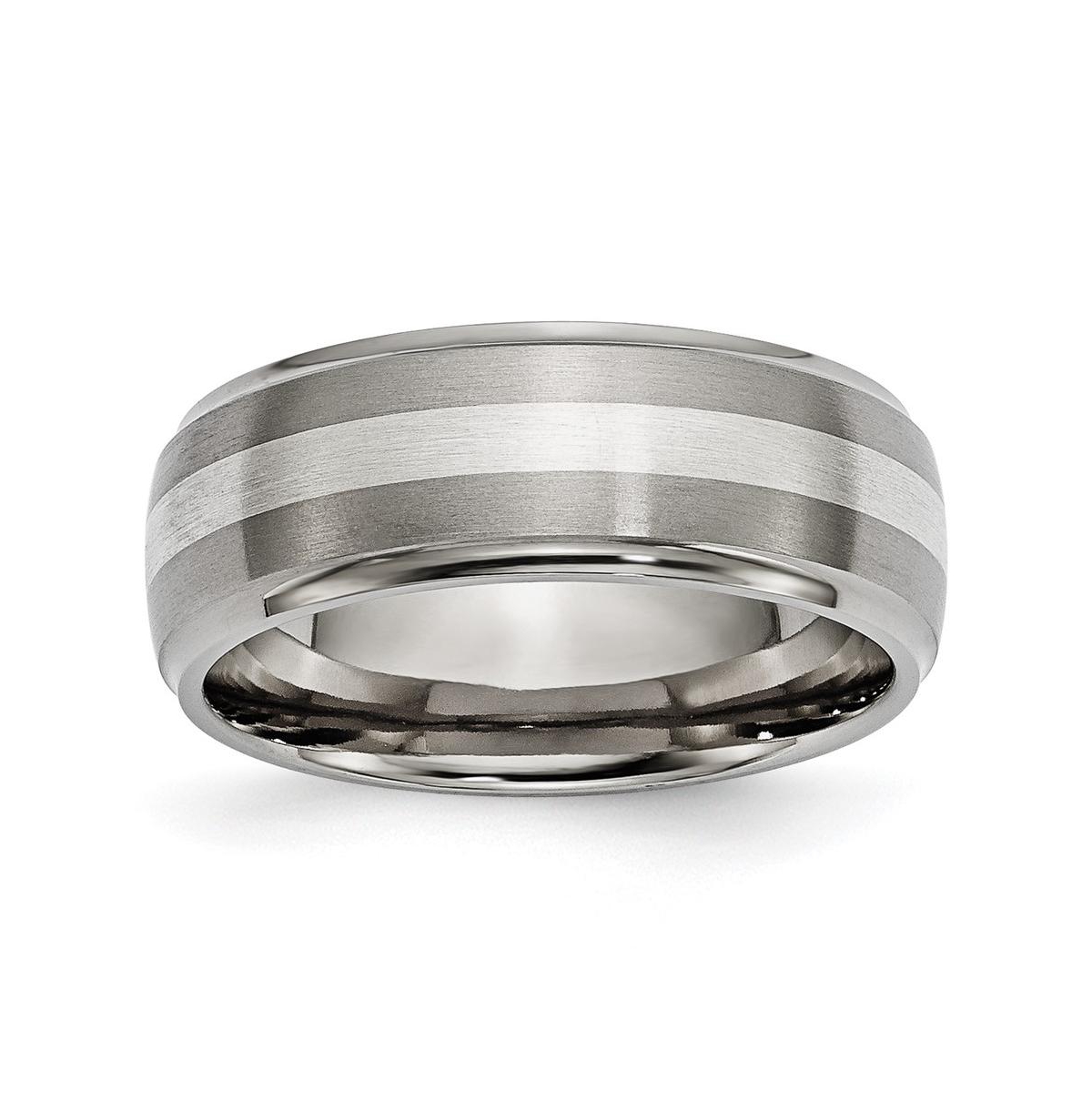 Titanium Brushed Sterling Silver Inlay Ridged Edge Band Ring - Grey