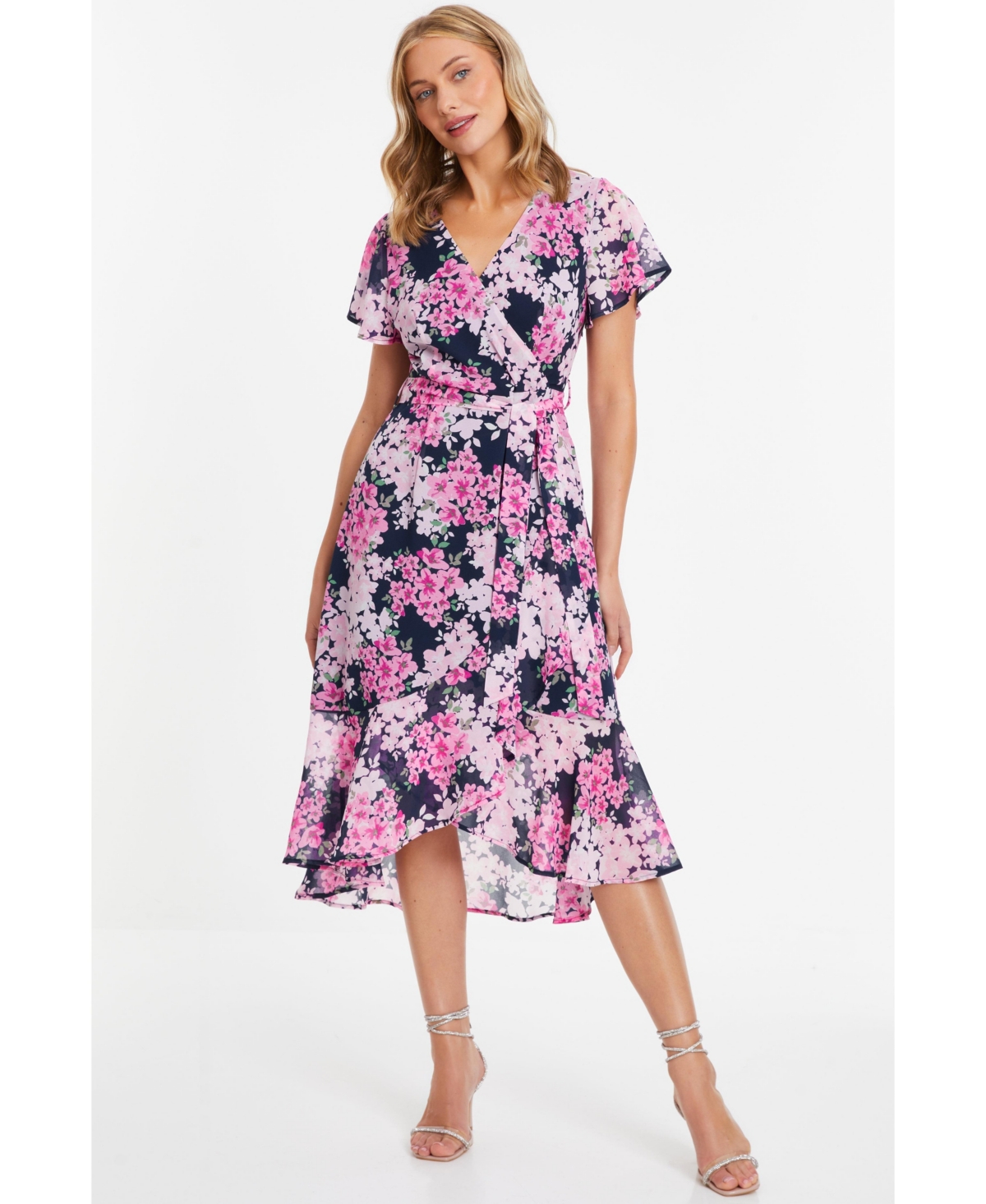 Plus Size Floral Print Midi Dip Hem Dress - Multi Color
