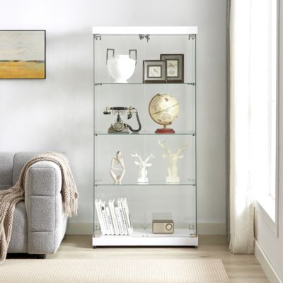 White 4-Tier Glass Display Cabinet with Two Locks