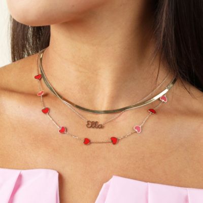 Coral Heart Station Necklace 14K Gold