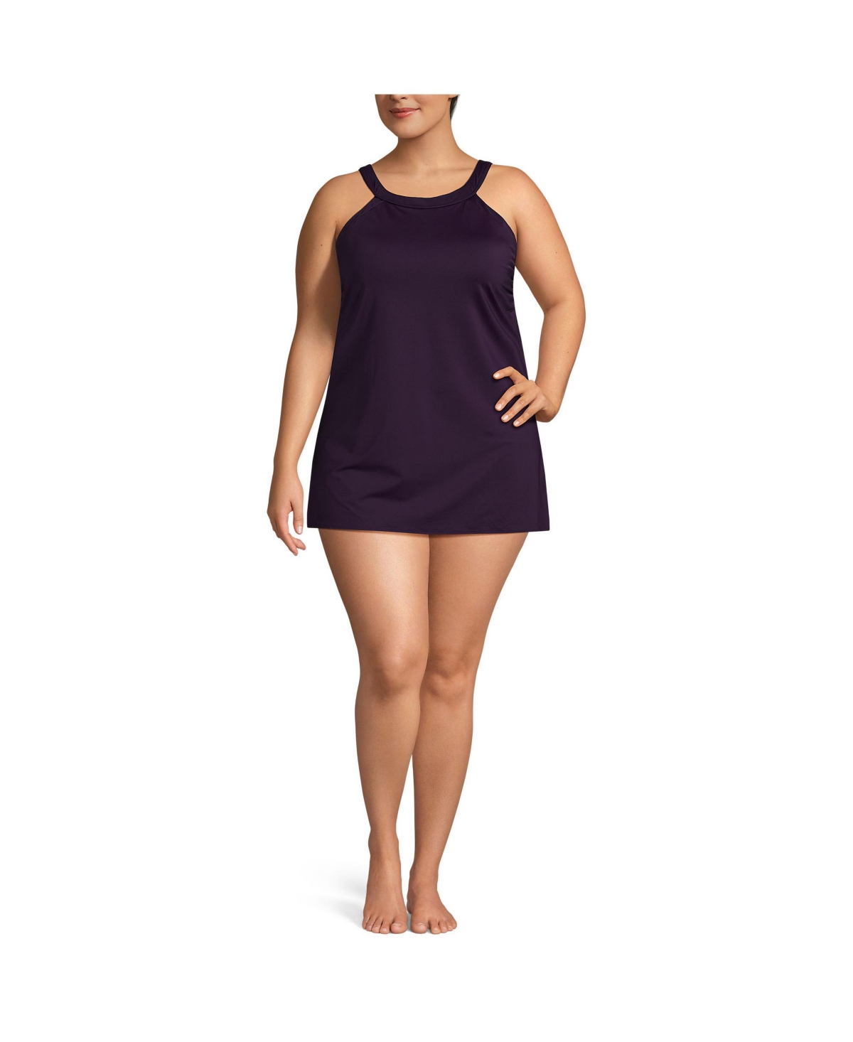 Plus Size Chlorine Resistant High Neck Swim Dress One Piece Swimsuit - Blackberry