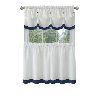 Mystic Seaport Watercolor Rod Pocket Complete 3 Piece Cafe Kitchen Curtain Tier and Valance Set - Blue