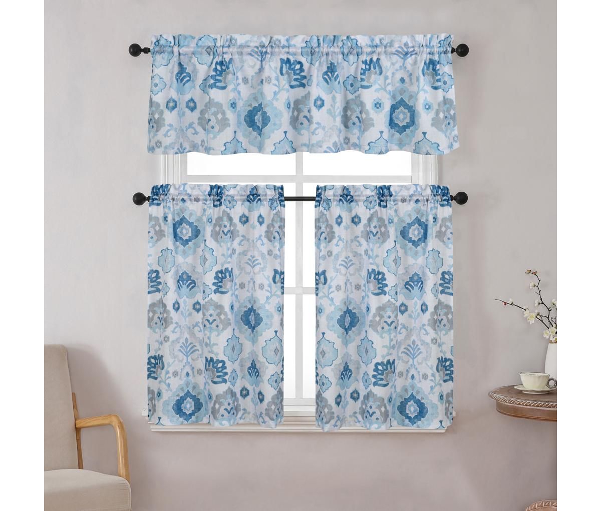Country Living Farmhouse 3 Pc Solid Cafe Kitchen Curtain Tier & Tucked Valance Set - 56in W x 36in L, Gray - Taupe
