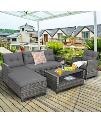 4 Pieces Patio Rattan Furniture Set with Cushion and Table Shelf