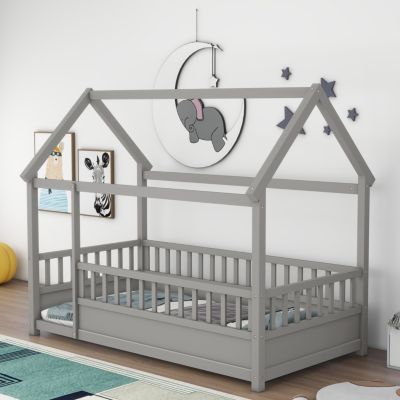 Wooden Floor Bed with House Frame and Fence Guardrails