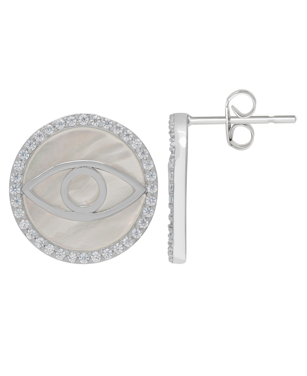 Macy's Imitation Mother Of Pearl Cubic Zirconia Evil Eye Stud Earrings In Silver