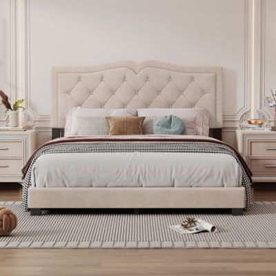 Streamdale Modern Velvet Queen Bed with Rivet Headboard