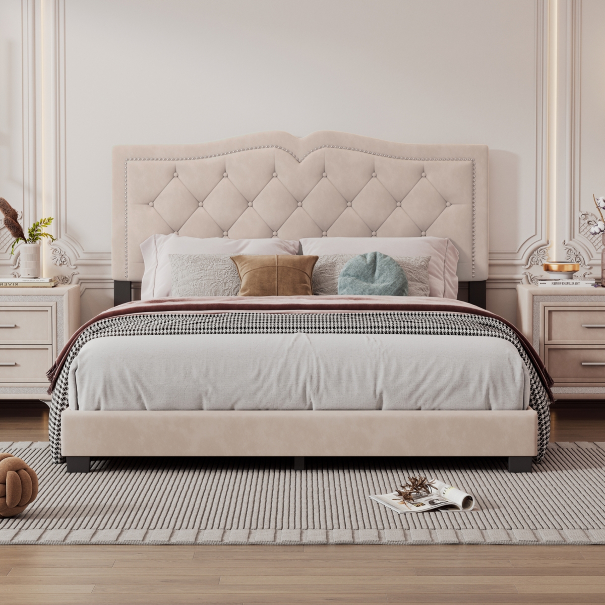 Streamdale Furniture Queen Size Upholstered Bed Frame With Rivet Design, Modern Velvet Platform Bed With Tufted Headboard
