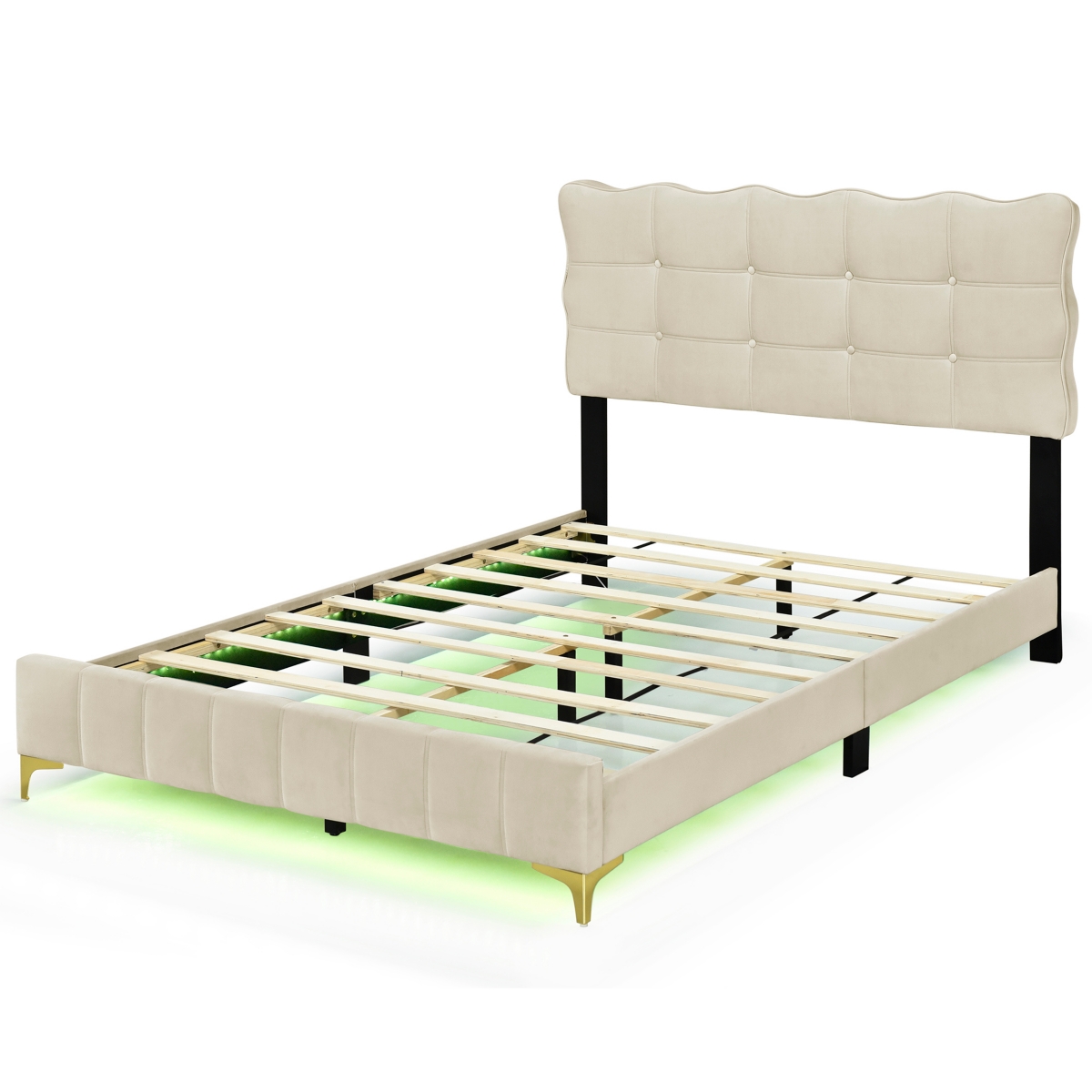 Streamdale Furniture Size Velvet Platform Bed With Led Frame And Stylish Mental Bed Legs, Gray