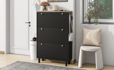 3-Drawer Shoe Cabinet with Hooks and Adjustable Panel
