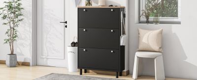 3-Drawer Shoe Cabinet with Hooks and Adjustable Panel