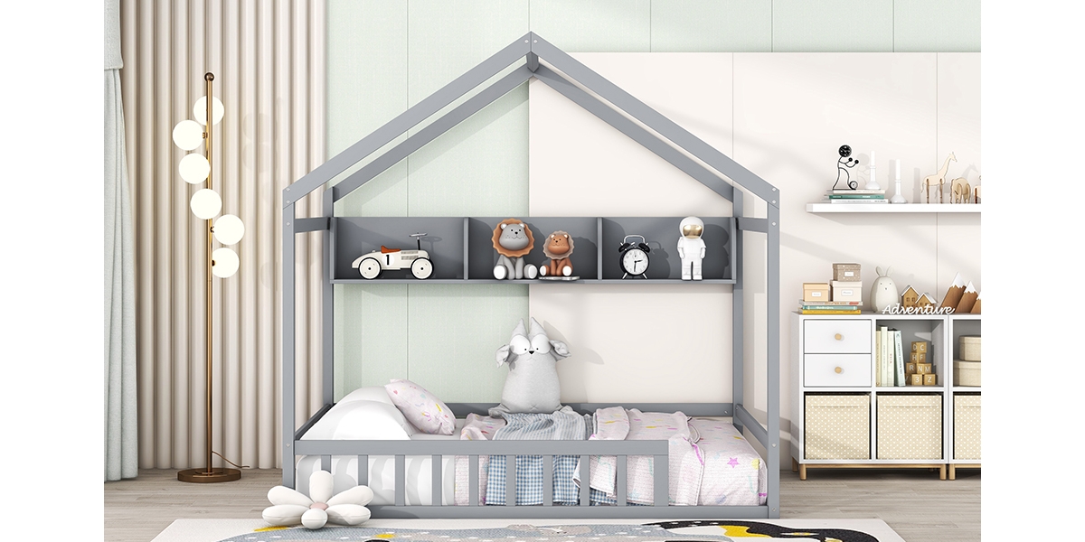 Streamdale Furniture Wooden Size House Bed With Storage Shelf, Kids Bed With Fence And Roof, White