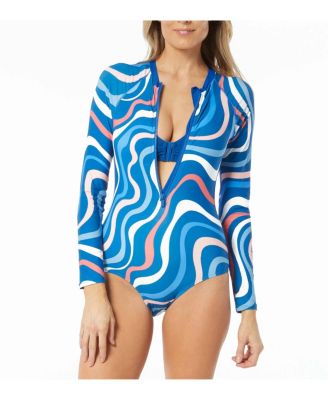 Women's Sculpt Long Sleeve Zip Front Striped One Piece Swimsuit