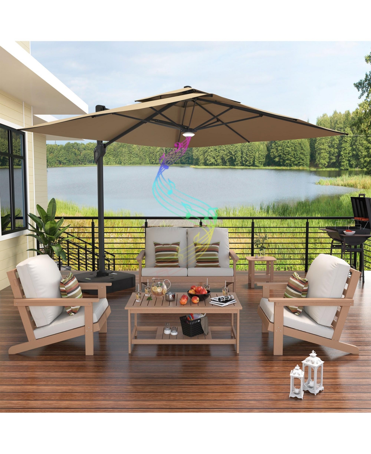 Mondawe 6 Pieces All-Weather Patio Conversation Set with Outdoor Umbrella and Coffee Table -khaki