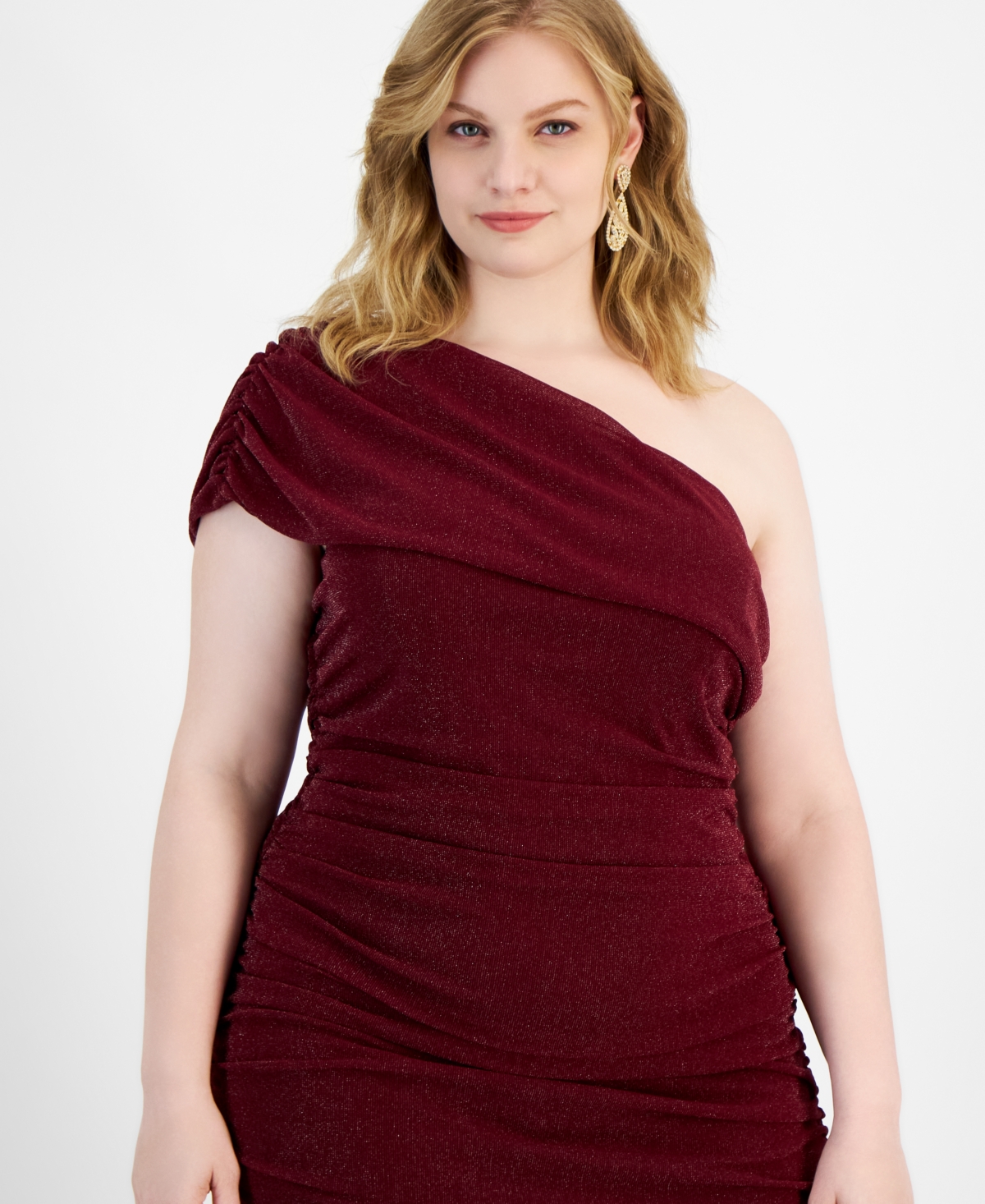 B Darlin Trendy Plus Size One-Shoulder Glitter Gown -silvr