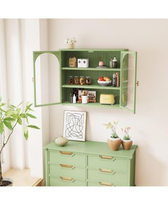 Wood Modern Woven Pattern Glass Doors Wall Cabinet