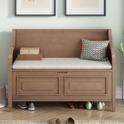 Rustic Style Solid Wood Entryway Multifunctional Storage Bench With Safety Hinge (Gray Wash+ Beige)
