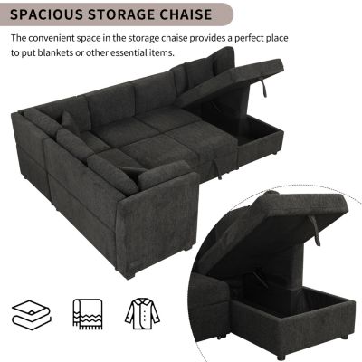 Modern U-Shape Sofa Bed with Power & USB, Storage