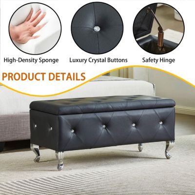 Faux Leather Storage Ottoman Bench with Crystal Buttons
