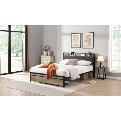 Queen Size Metal Platform Bed Frame with Storage and USB Headboard