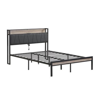 Metal Platform Bed Frame with Upholstery Headboard and Storage