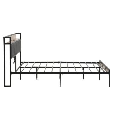 Metal Platform Bed Frame with Upholstery Headboard and Storage
