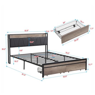 Metal Platform Bed Frame with Storage Headboard