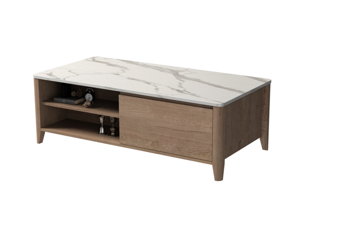 Streamdale Furniture Farmhouse Double Drawer Coffee Table, Tobacco Wood & White Marble