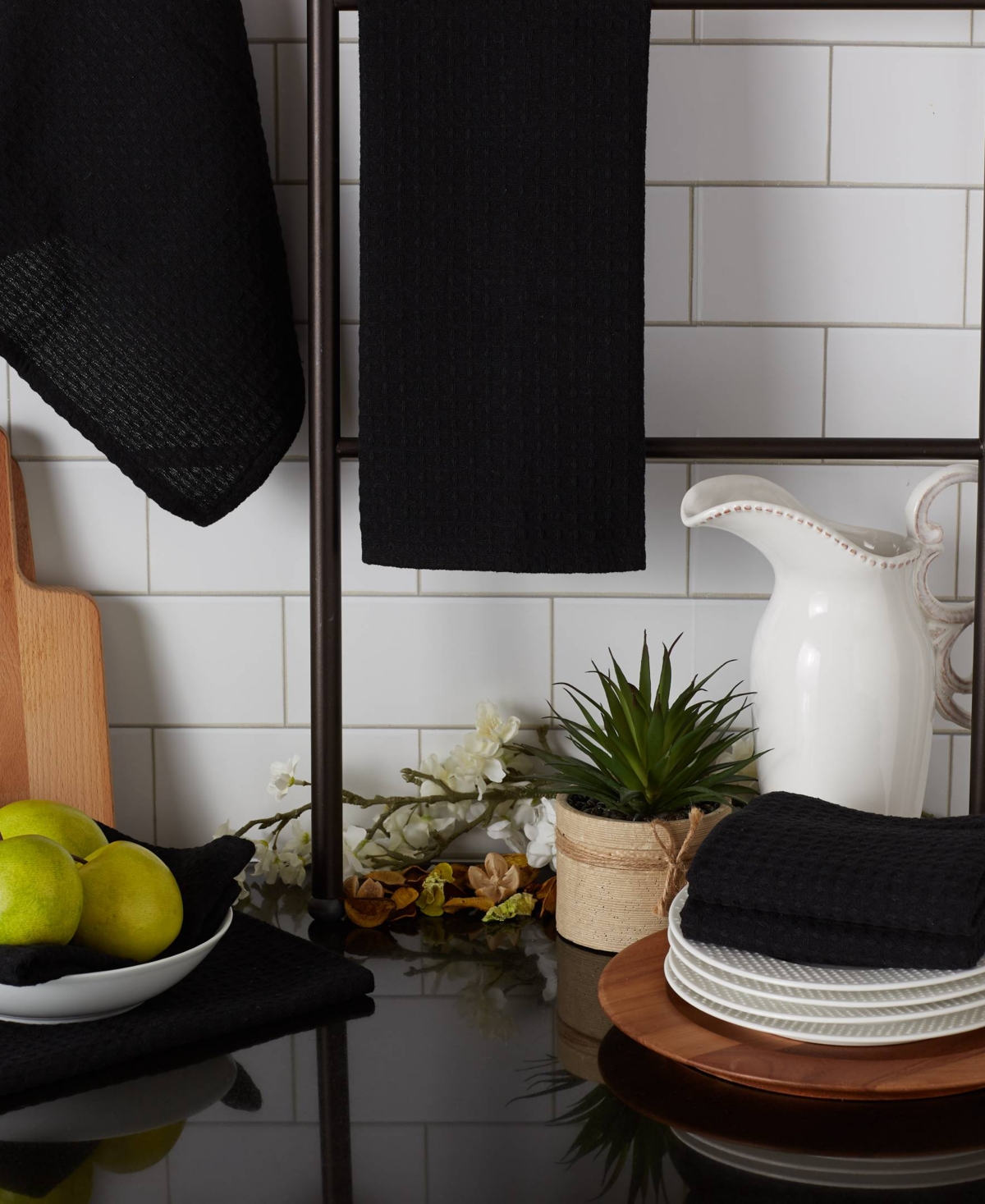 Design Imports Cotton Kitchen Collection Dishtowel Set, 18x26", Black, 6 Piece In Black