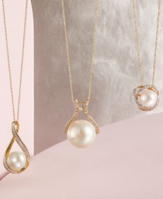 Cultured Freshwater Pearl (8mm) & Diamond (1/8 ct. t.w.) 18" Pendant Necklace in 14k Yellow Gold or White Gold