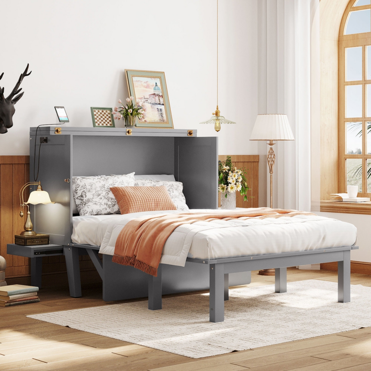 Simplie Fun Full Murphy Bed With Usb Port And Removable Shelves On Each Side, Gray