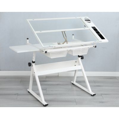 Streamdale White Adjustable Tempered Glass Drafting Printing Table With Chair