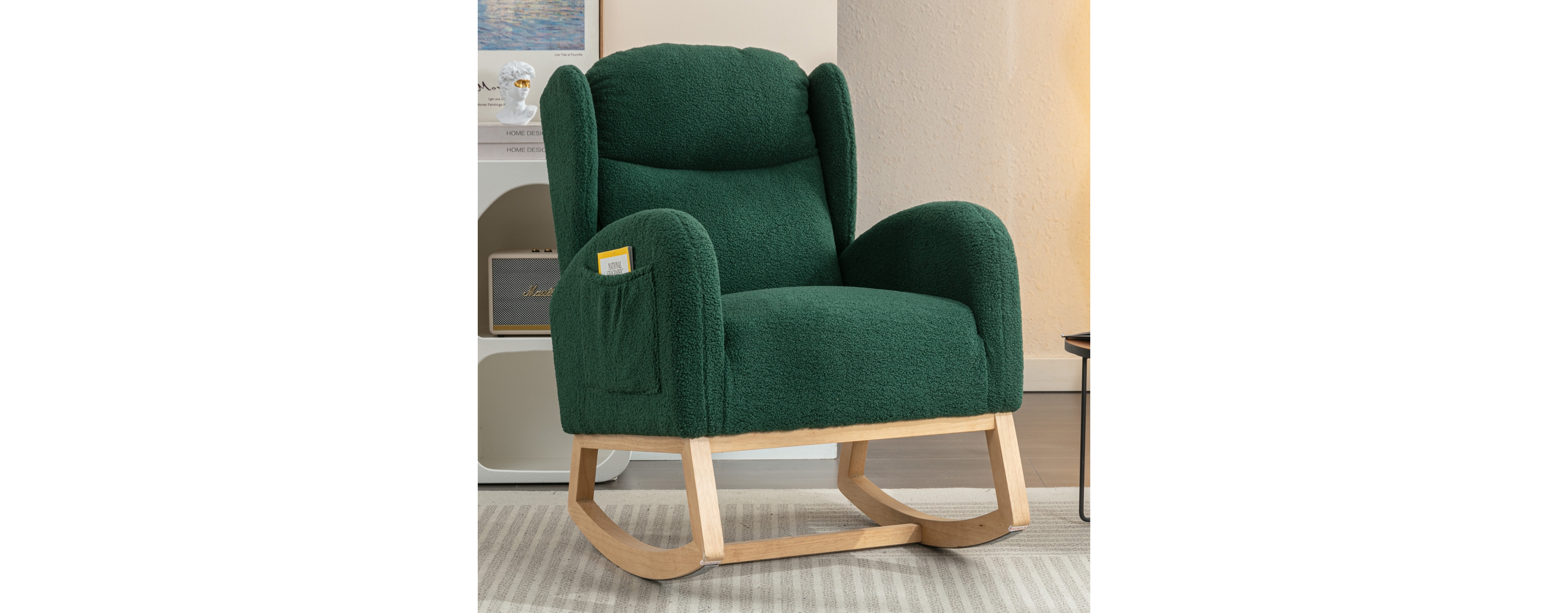 Simplie Fun Teddy Fabric Rocking Chair With Packet Wood Legs, Green