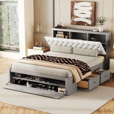 Queen Platform Bed with Storage Headboard and Drawers