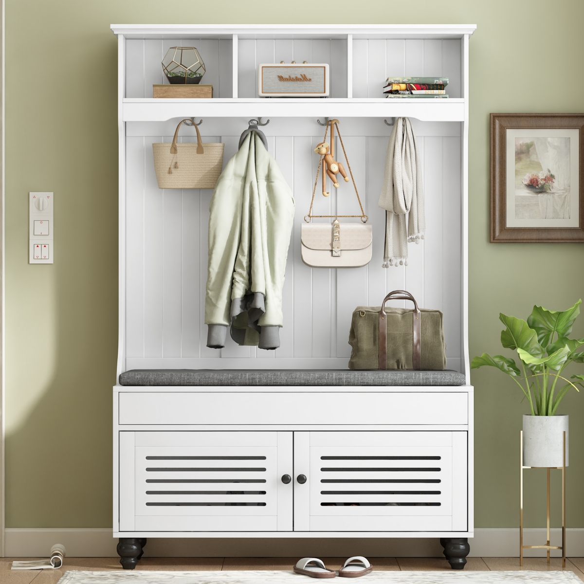 5-In-1 Entryway Bench with Coat Rack and Storage - White