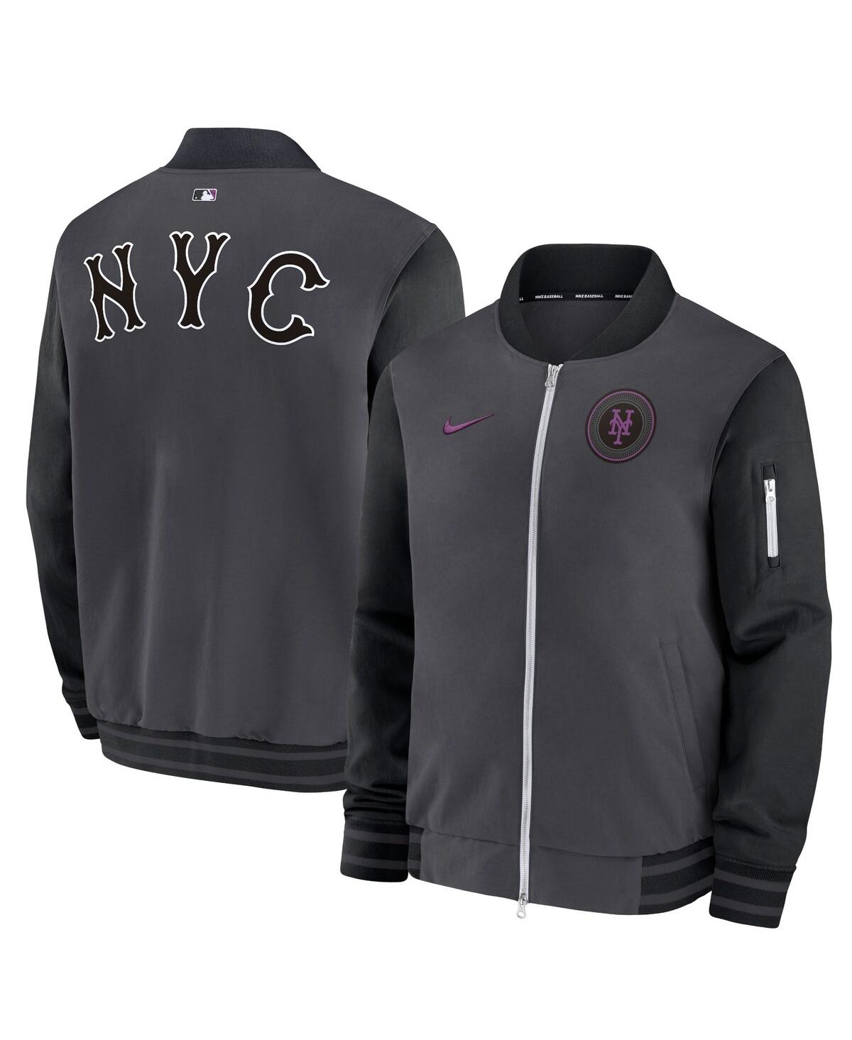 Nike Men's Charcoal New York Mets 2024 City Connect Authentic Collection Game Time Full-zip Bomber Jacket In Black