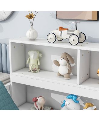 + Full Floor Bed + Wood + Side Bookcase, Shelves, Guardrails + Bed