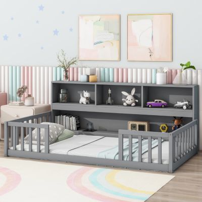 Twin Floor Bed With Bedside Bookcase, Shelves, Guardrails, Grey