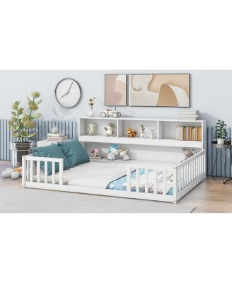 + Full Floor Bed + Wood + Side Bookcase, Shelves, Guardrails + Bed