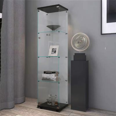 4 Shelves Glass Cabinet Glass Display Cabinet With One Door, Black