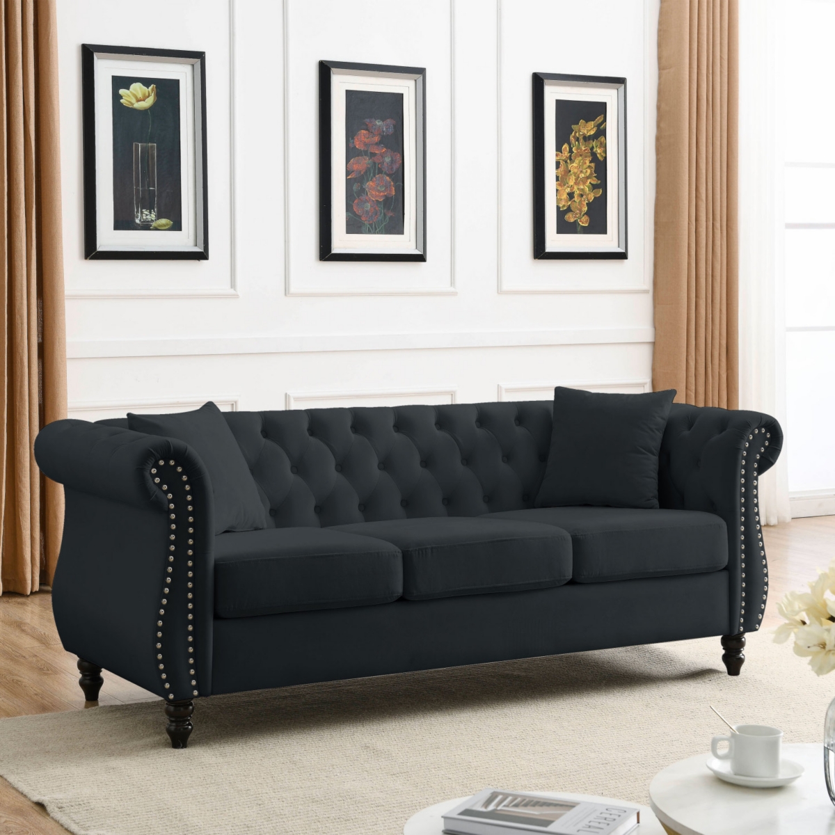 Simplie Fun Black Velvet Chesterfield Sofa, 3-Seater, Tufted Couch