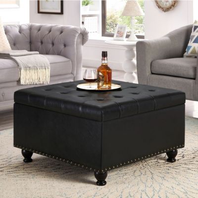 Black Upholstered Ottoman with Wooden Legs