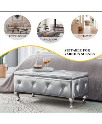 Crystal Button Faux Leather Ottoman Bench