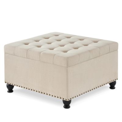 Beige upholstered storage ottoman with wooden legs
