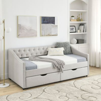 Upholstered Twin Size Daybed with Drawers, Beige