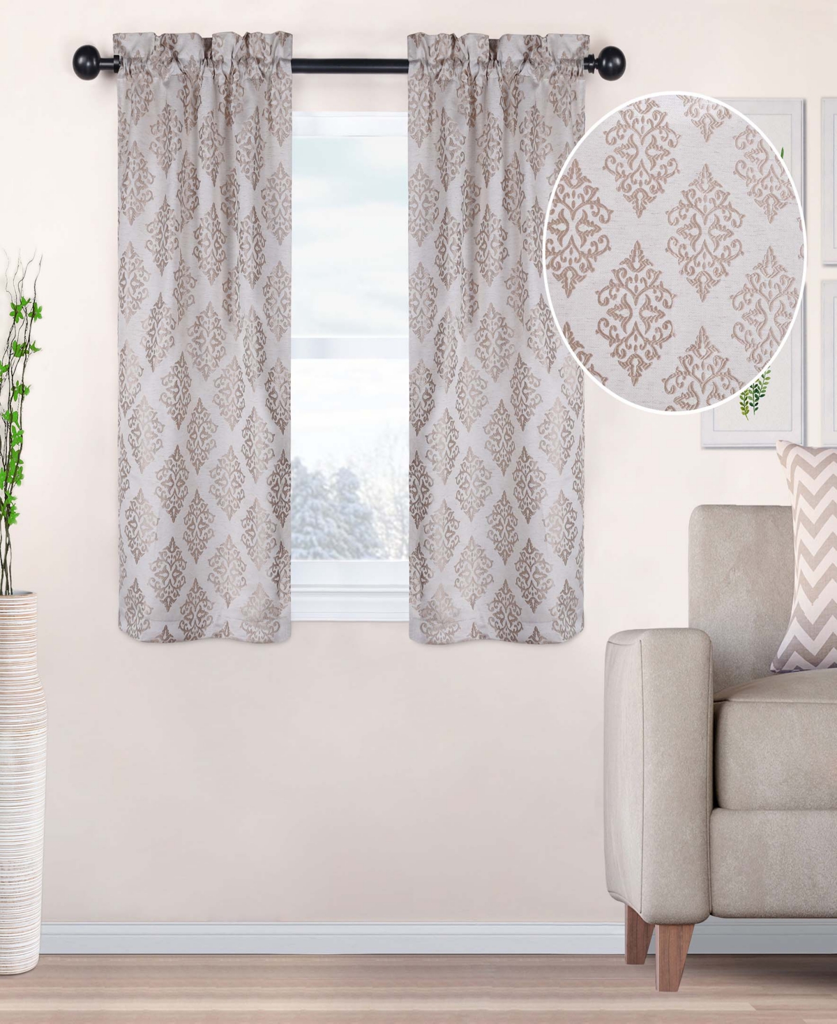 Superior Modern Venetian Damask Jacquard 2-Piece Curtain Panels with Rod Pocket, 26