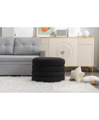 Boucle Round Ottoman with Shelf, Black