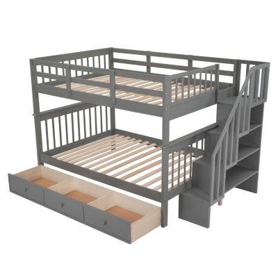  Stairway Full-Over-Full Bunk Bed w/ Drawer & Storage