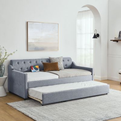 Streamdale Gray Linen Upholstered Daybed with Twin Trundle and USB