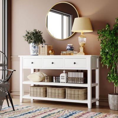 Pine Frame Console Table with Open Shelves, Retro Design